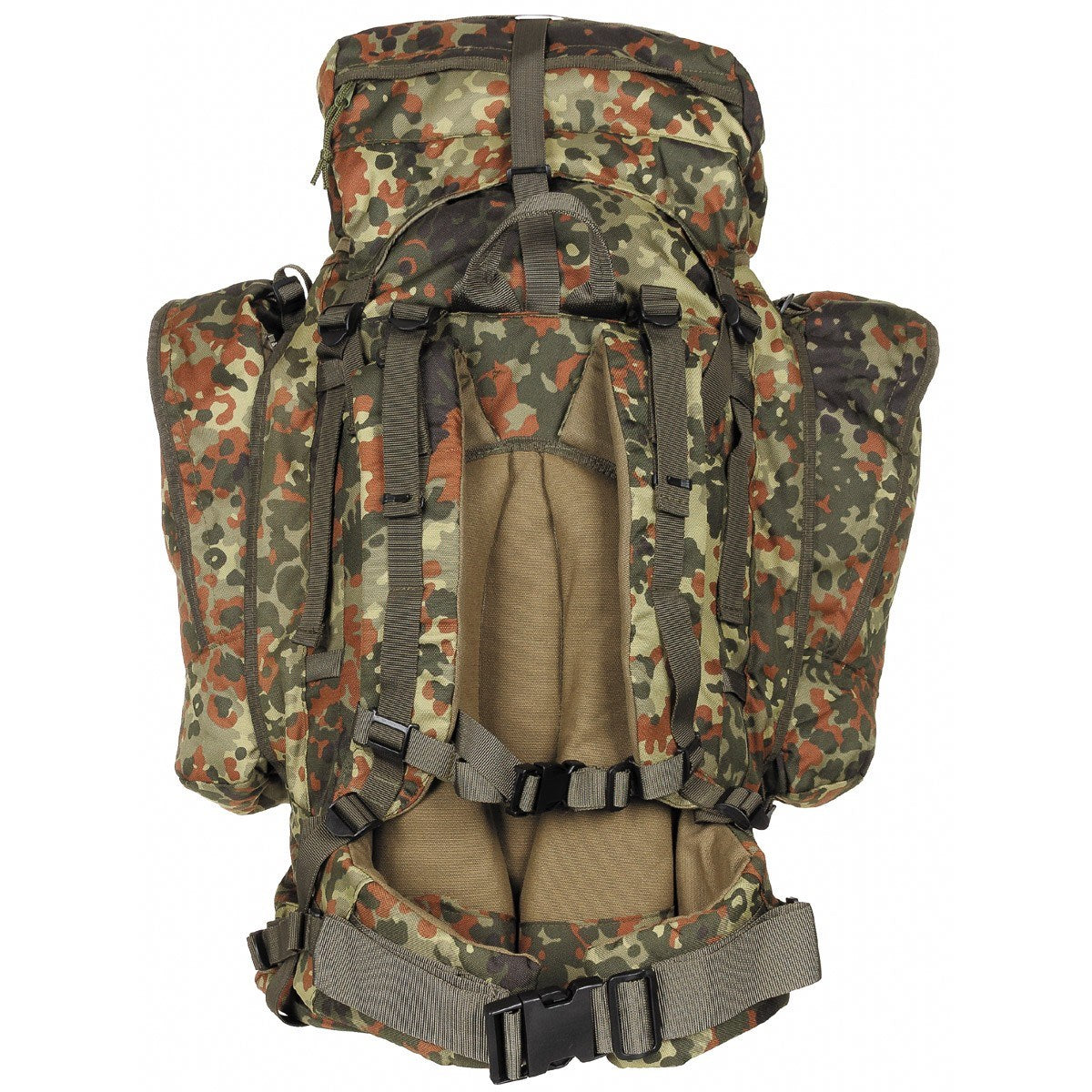 Mochila ALPIN 110L verde con bolsillos laterales desmontables y cinturón lumbar