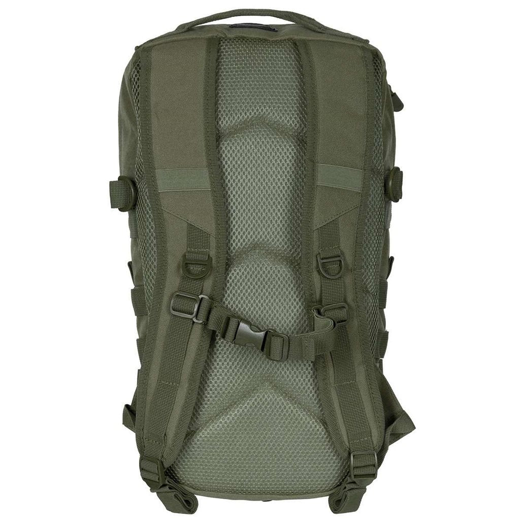 Mochila DAYPACK verde EDC con puntos de fijación modular, correas de compresión y bolsillo para hidratación