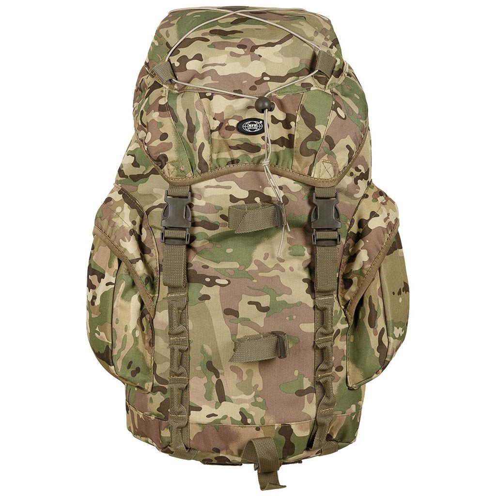 Mochila RECON II 25L, vista frontal con compartimento principal y bolsillos laterales