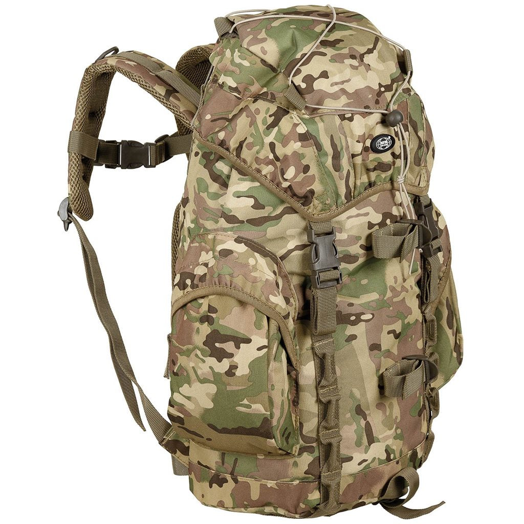 Mochila RECON II 25L, vista frontal con compartimento principal y bolsillos laterales