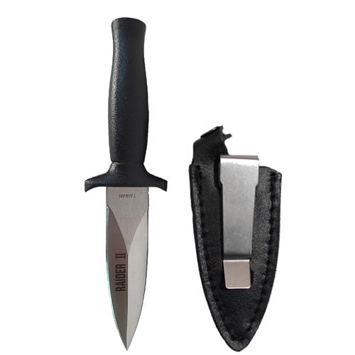 Daga RAIDER II de acero inoxidable con doble filo y funda para llevar en tobillo o dentro de la bota