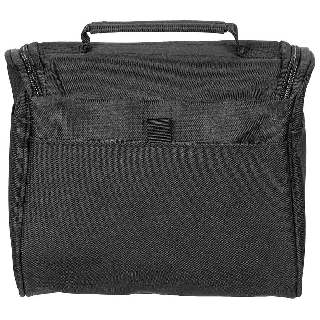 Bolsa de aseo negra con bolsillos, espejo de plástico irrompible y gancho para colgar