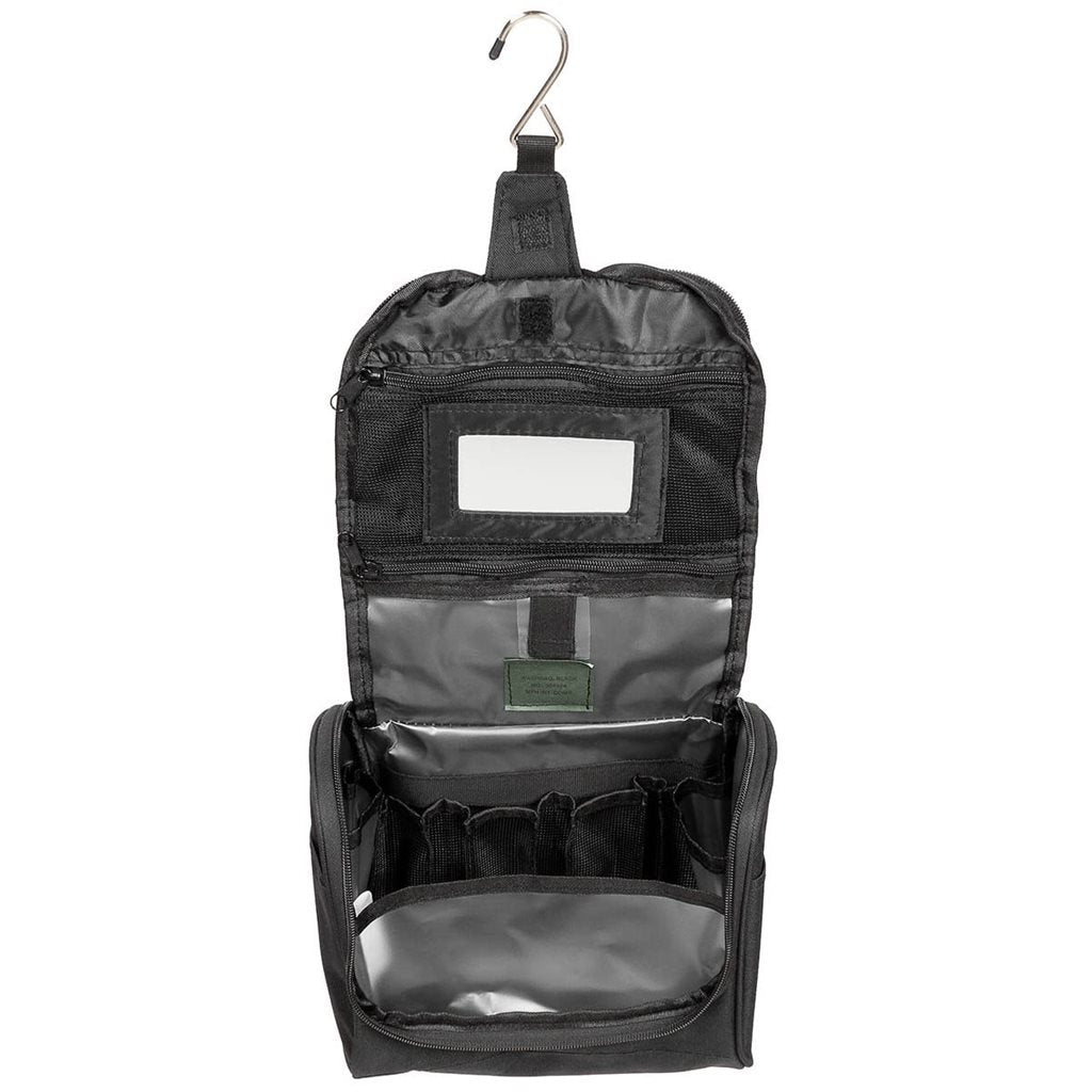 Bolsa de aseo negra con bolsillos, espejo de plástico irrompible y gancho para colgar