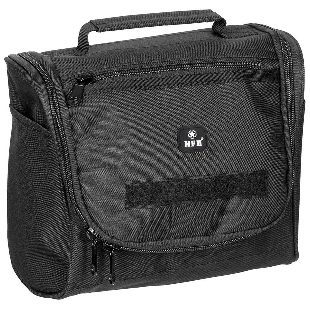 Bolsa de aseo negra con bolsillos, espejo de plástico irrompible y gancho para colgar