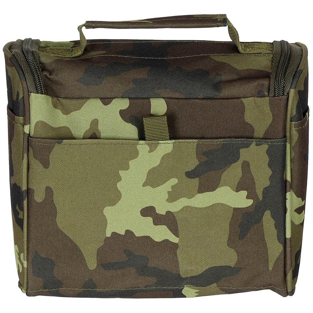 Bolsa de aseo negra con bolsillos, espejo de plástico irrompible y gancho para colgar