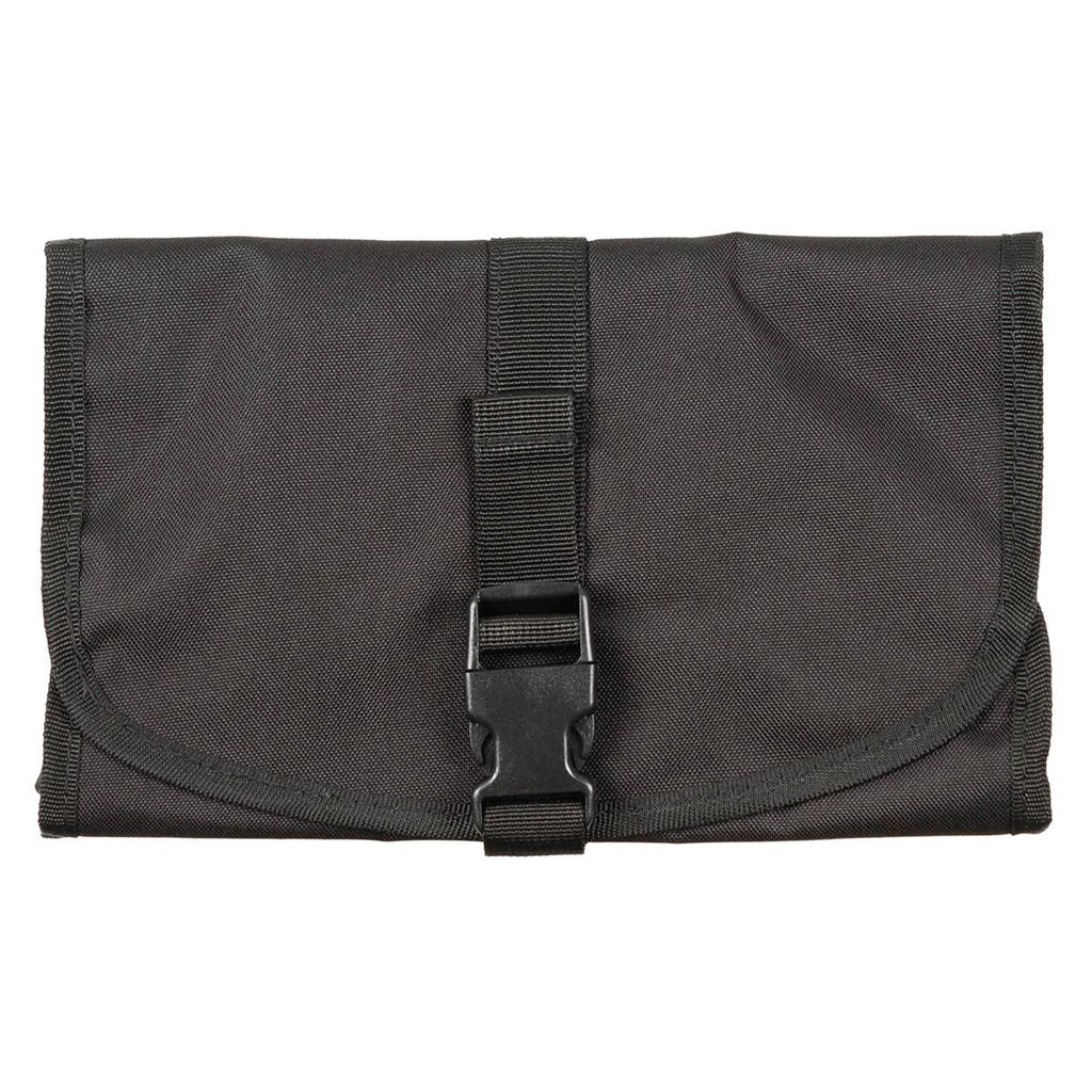 Neceser de higiene negro con 5 bolsillos, espejo de plástico irrompible con velcro y gancho, 42 x 26 cm desplegado