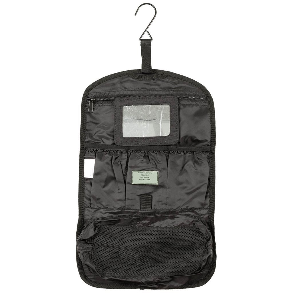 Neceser de higiene negro con 5 bolsillos, espejo de plástico irrompible con velcro y gancho, 42 x 26 cm desplegado