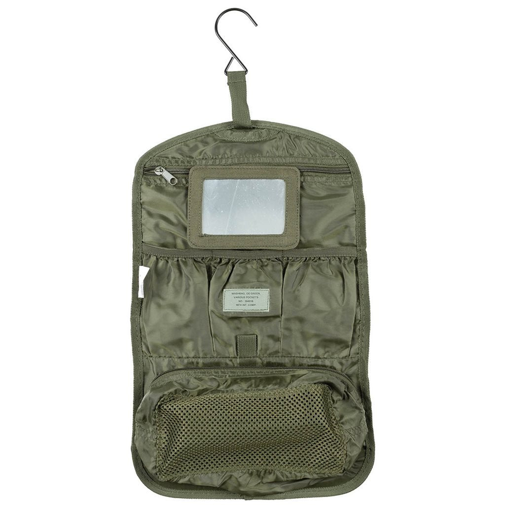 Neceser de higiene negro con 5 bolsillos, espejo de plástico irrompible con velcro y gancho, 42 x 26 cm desplegado