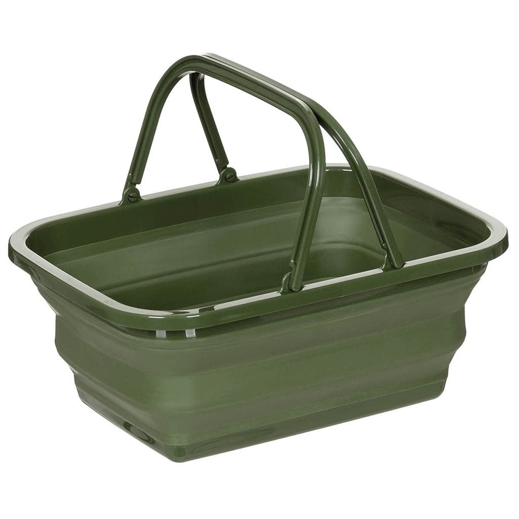 Cesta plegable de plástico verde con asas y centro flexible en TPR