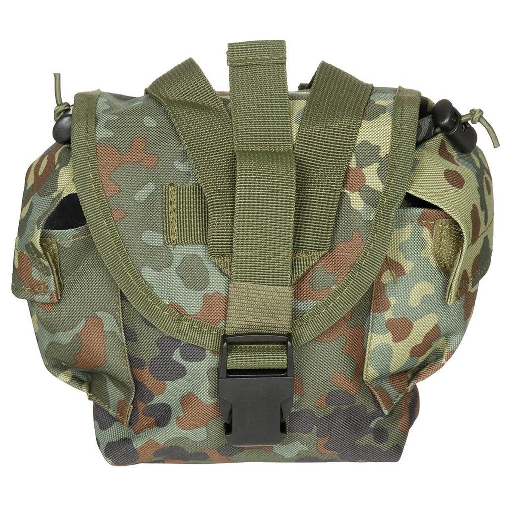 Funda MOLLE para botella 1L negra, compatible MOLLE, con dos tiras de sujeción y opción de montaje en cinturón