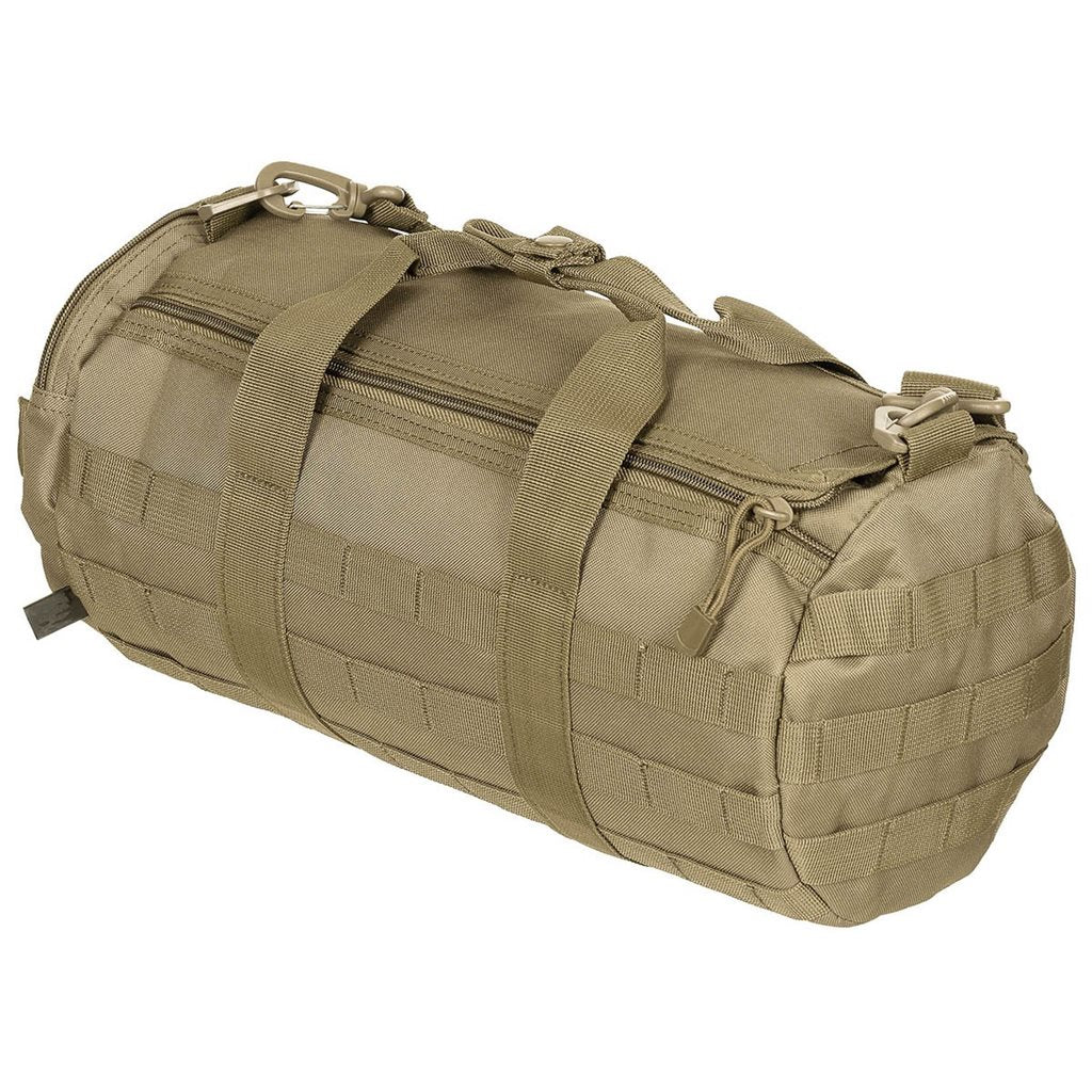 Bolsa pequeña RUND MOLLE color coyote, diseño cilíndrico compatible con sistemas MOLLE