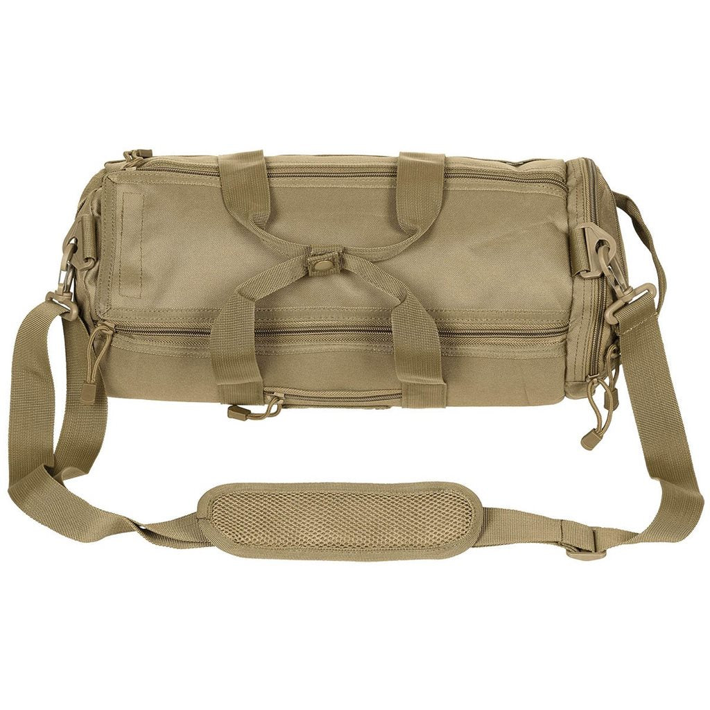 Bolsa pequeña RUND MOLLE color coyote, diseño cilíndrico compatible con sistemas MOLLE