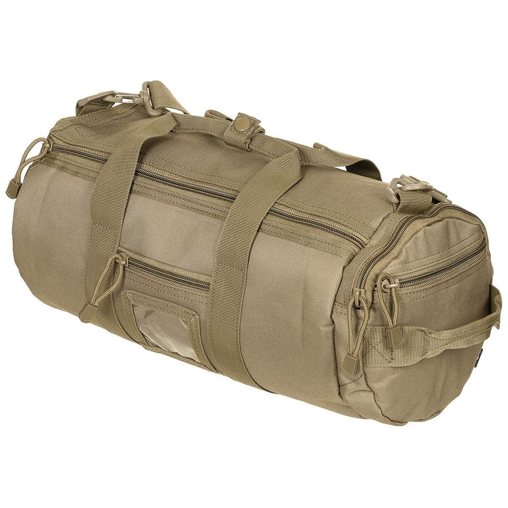 Bolsa pequeña RUND MOLLE color coyote, diseño cilíndrico compatible con sistemas MOLLE