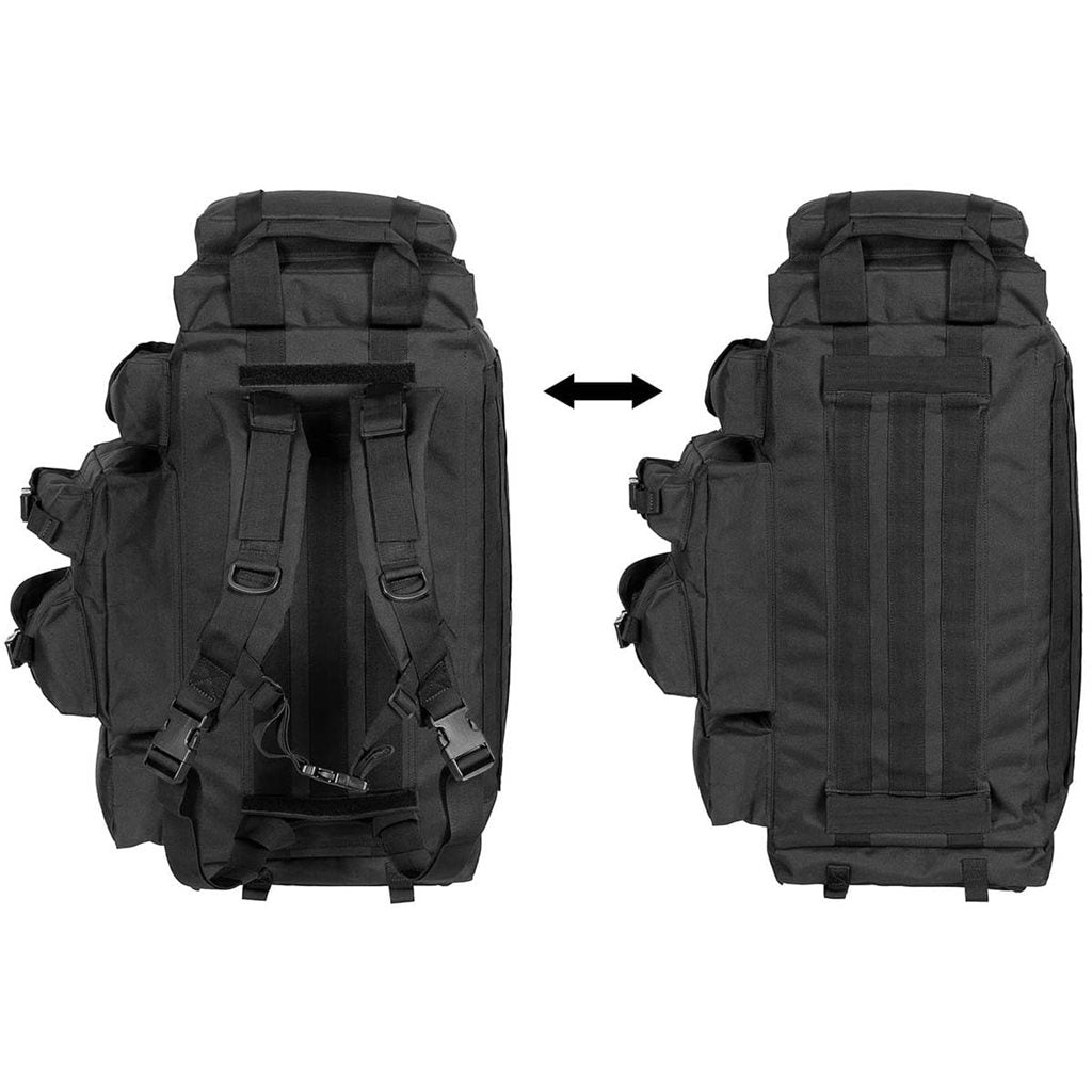 Bolsa/mochila Operation 70L negra con múltiples bolsillos, convertible para llevar como mochila o bolso