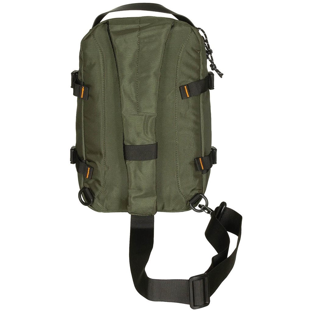Mochila sling compacta negra con 2 anillas D y correa para llevar en un solo hombro