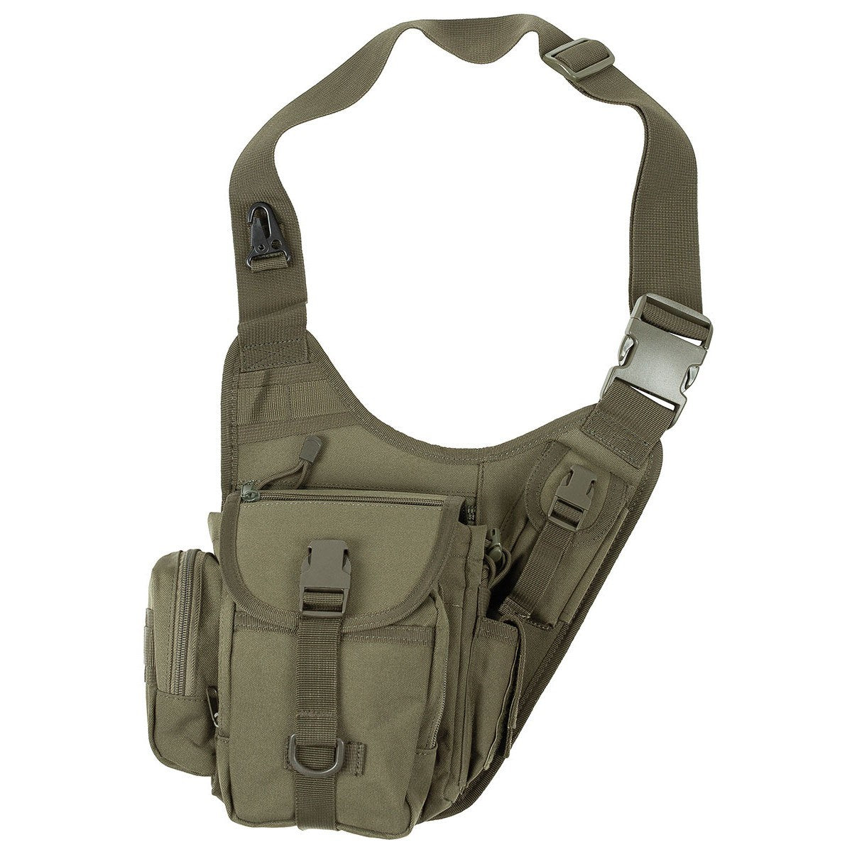 Bolso bandolera negro, 9 bolsillos (4 con cremallera), correa con mosquetón metálico
