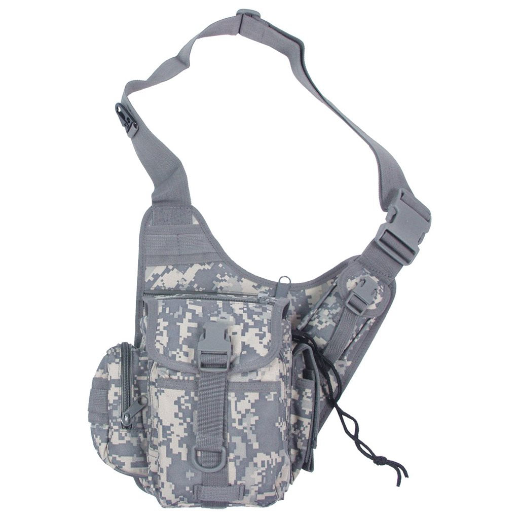 Bolso bandolera negro, 9 bolsillos (4 con cremallera), correa con mosquetón metálico