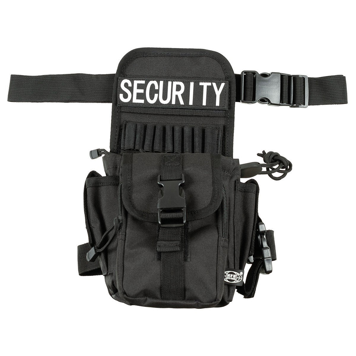 Riñonera SECURITY negra con logo en velcro, 7 compartimentos y soporte para 10 bolígrafos, 100% poliéster