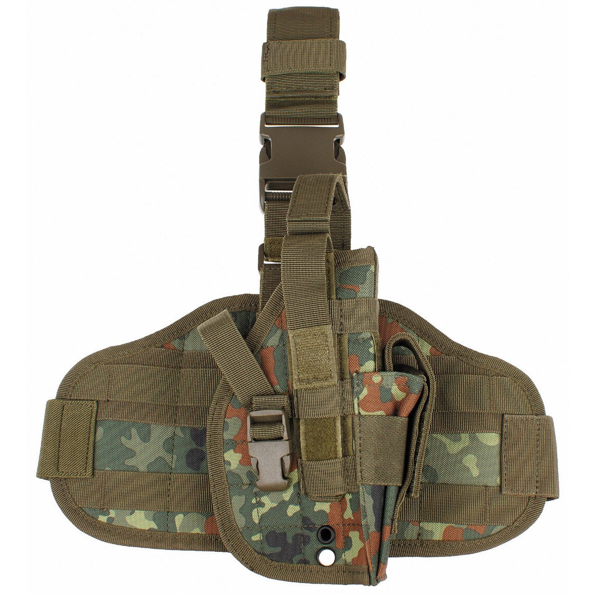 Funda pistolera de muslo MOLLE Flecktarn con correas FASTEX y bolsillos para tres cargadores