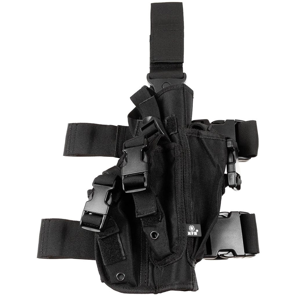Funda pistola muslo derecho negra con 3 compartimentos para cargadores, correas ajustables y hebillas FASTEX