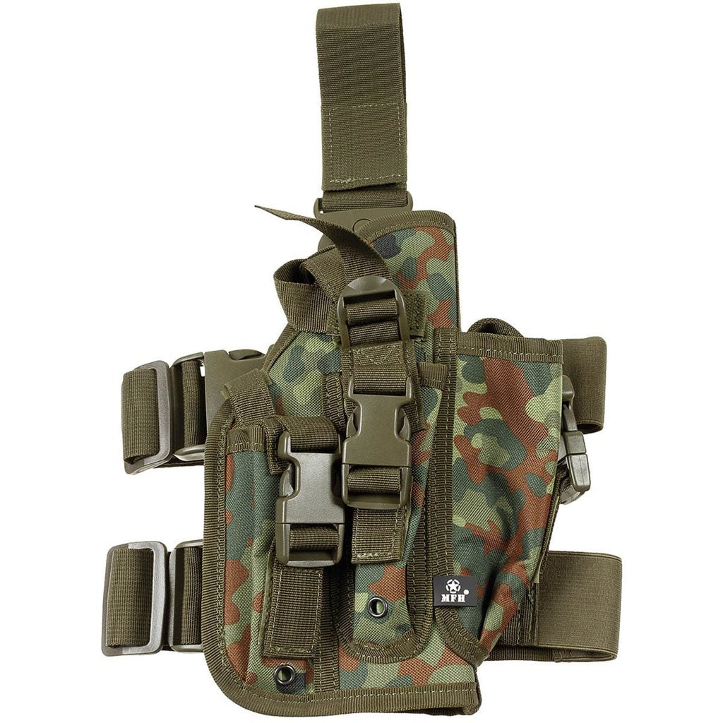 Funda pistola muslo derecho negra con 3 compartimentos para cargadores, correas ajustables y hebillas FASTEX