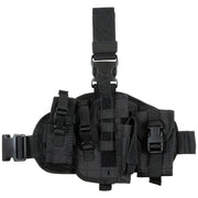 Funda de muslo derecha para pistola negra con dos bolsillos extraíbles y correas ajustables, riel PVC trasero