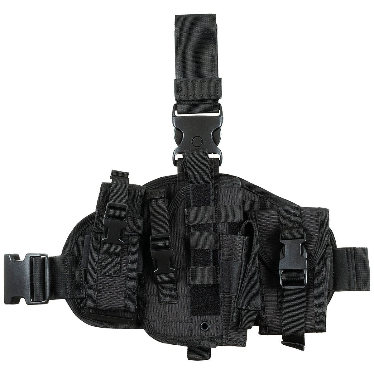 Funda de muslo derecha para pistola negra con dos bolsillos extraíbles y correas ajustables, riel PVC trasero