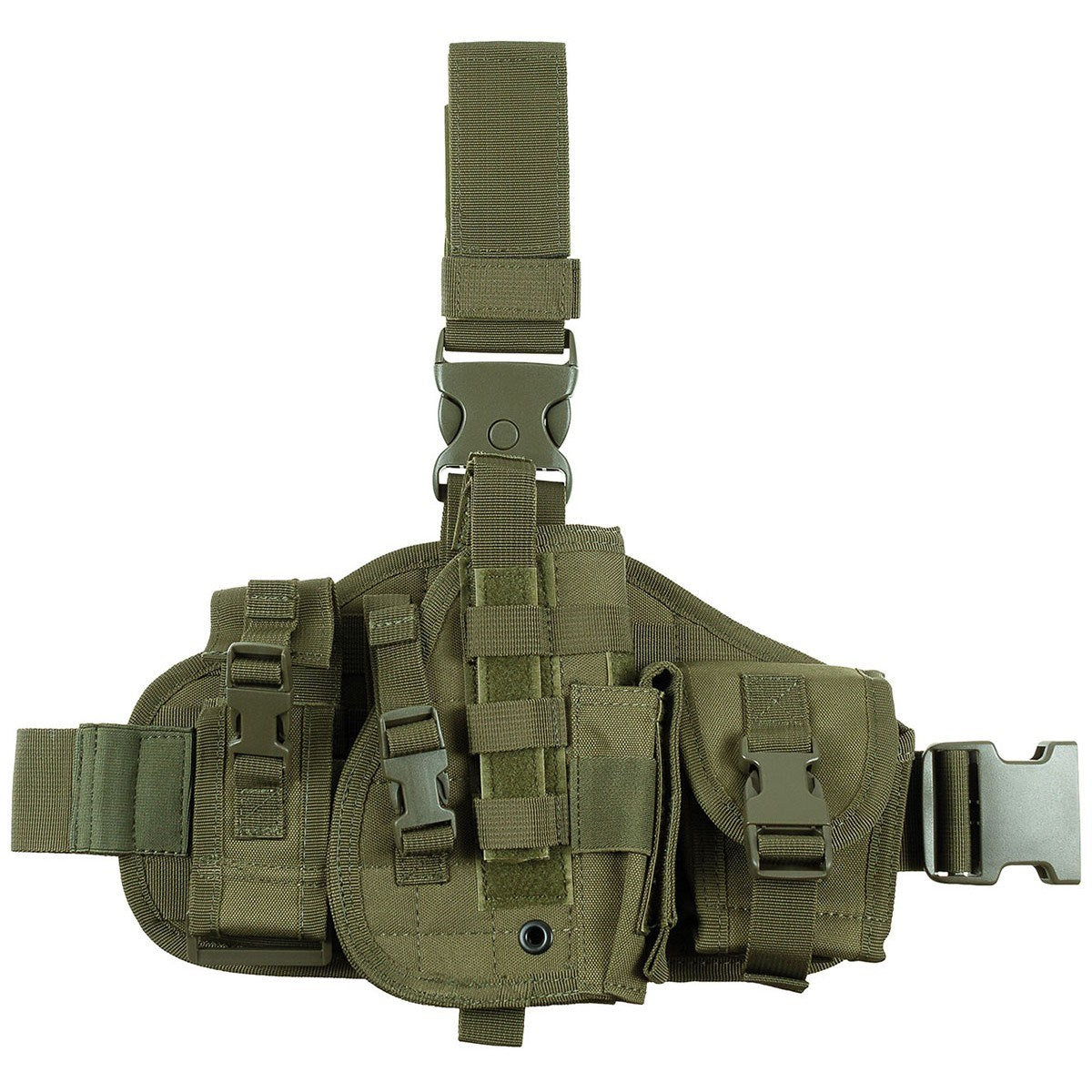 Funda de muslo derecha para pistola negra con dos bolsillos extraíbles y correas ajustables, riel PVC trasero
