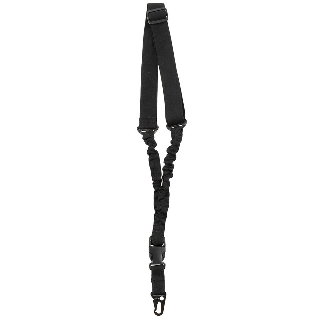 Correa Bungee unipunto negra con mosquetón, sección elástica, longitud ajustable 55-75 cm, nylon