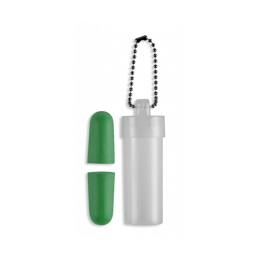 Tapones de espuma verde claro en tubo transparente con estuche plástico y cadena
