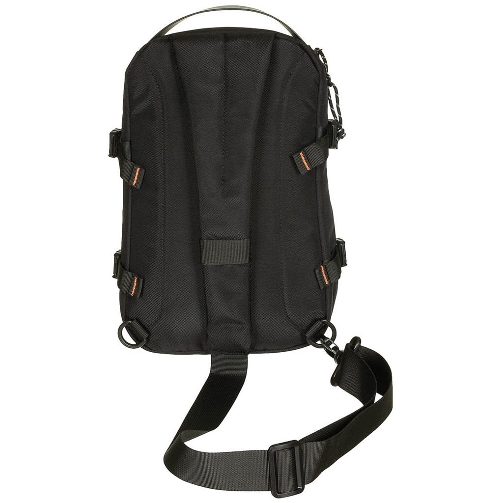 Mochila sling compacta negra con 2 anillas D y correa para llevar en un solo hombro