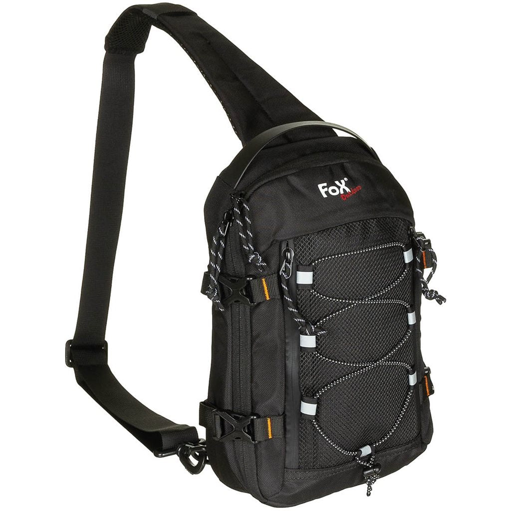 Mochila sling compacta negra con 2 anillas D y correa para llevar en un solo hombro