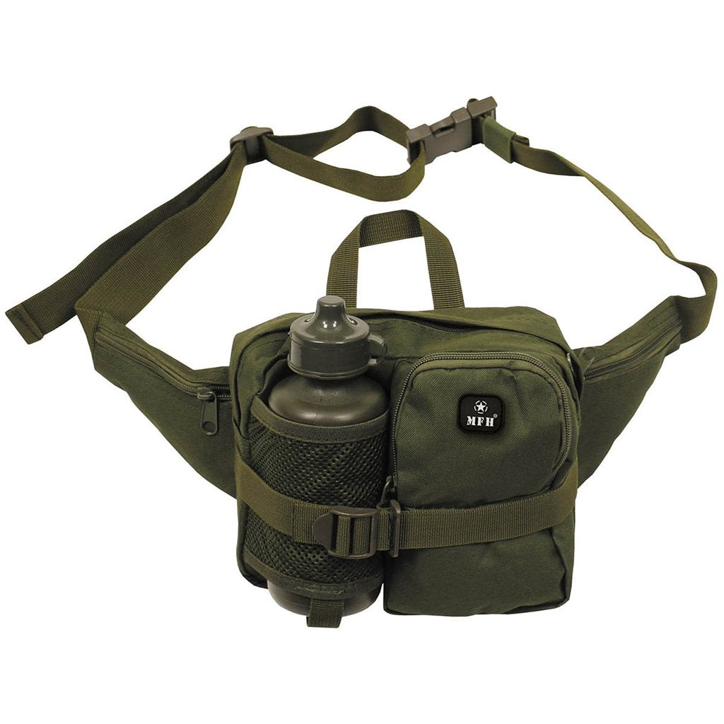 Riñonera negra con botella sujeta en malla elástica, 23x19 cm, 100% poliéster