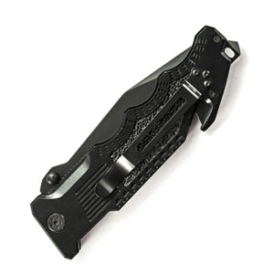 Navaja plegable S&W Border Guard Rescue negra, hoja tanto parcialmente dentada, cortador de cinturón, rompecristal, clip