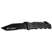 Navaja plegable S&W Border Guard Rescue negra, hoja tanto parcialmente dentada, cortador de cinturón, rompecristal, clip