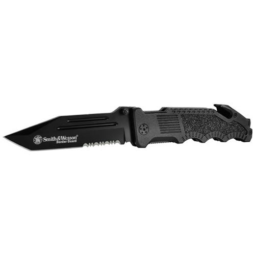 Navaja plegable S&W Border Guard Rescue negra, hoja tanto parcialmente dentada, cortador de cinturón, rompecristal, clip