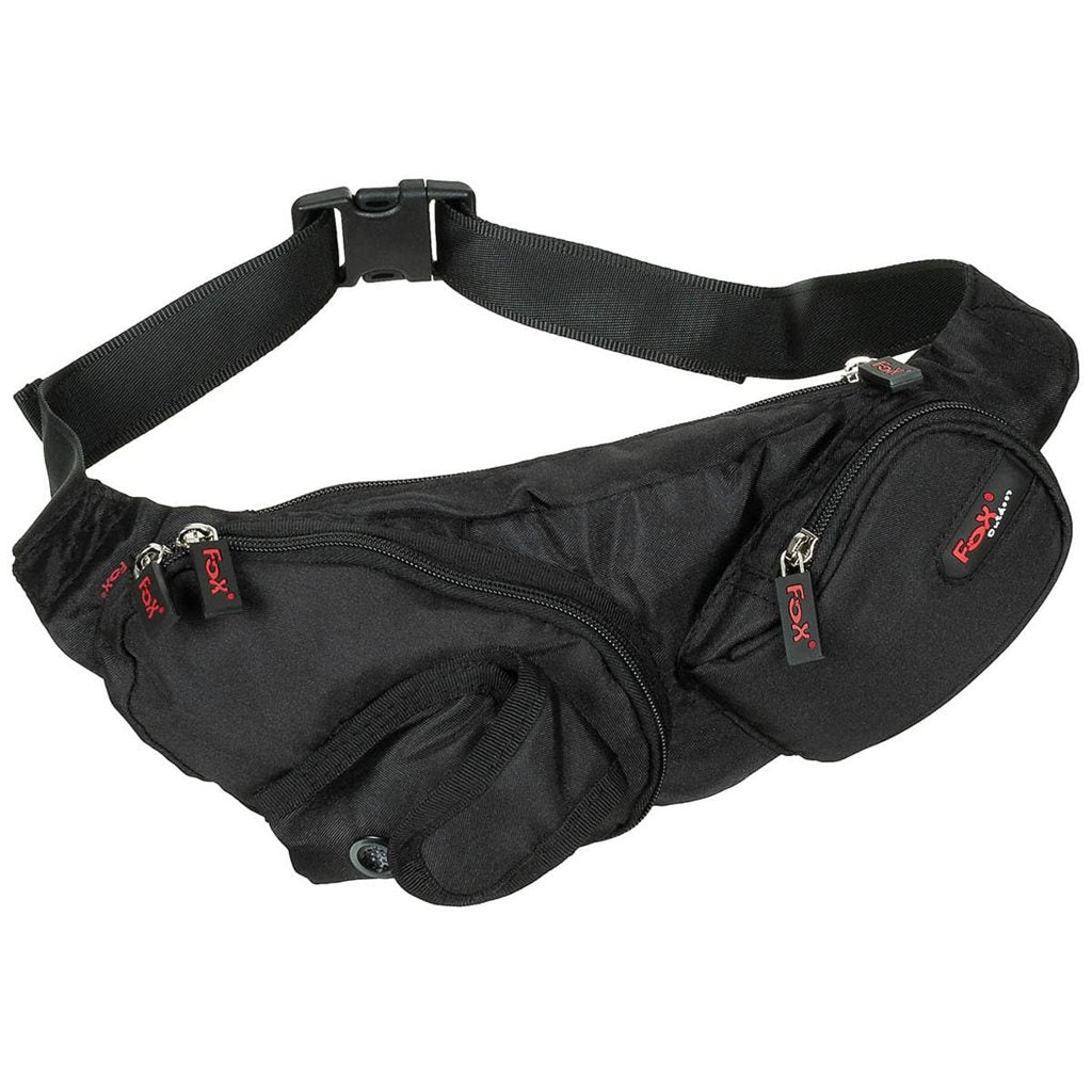 Riñonera negra con dos bolsillos con cremallera y bolsillo para móvil con velcro, cinturón ajustable, 100% poliéster