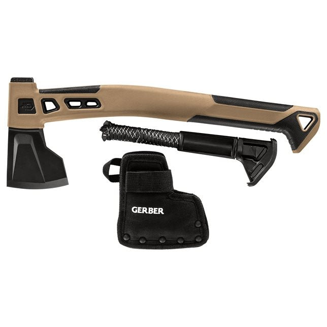 Hacha Bushcraft corta COYOTE, acero inoxidable con acabado PTFE y mango con compartimento impermeable