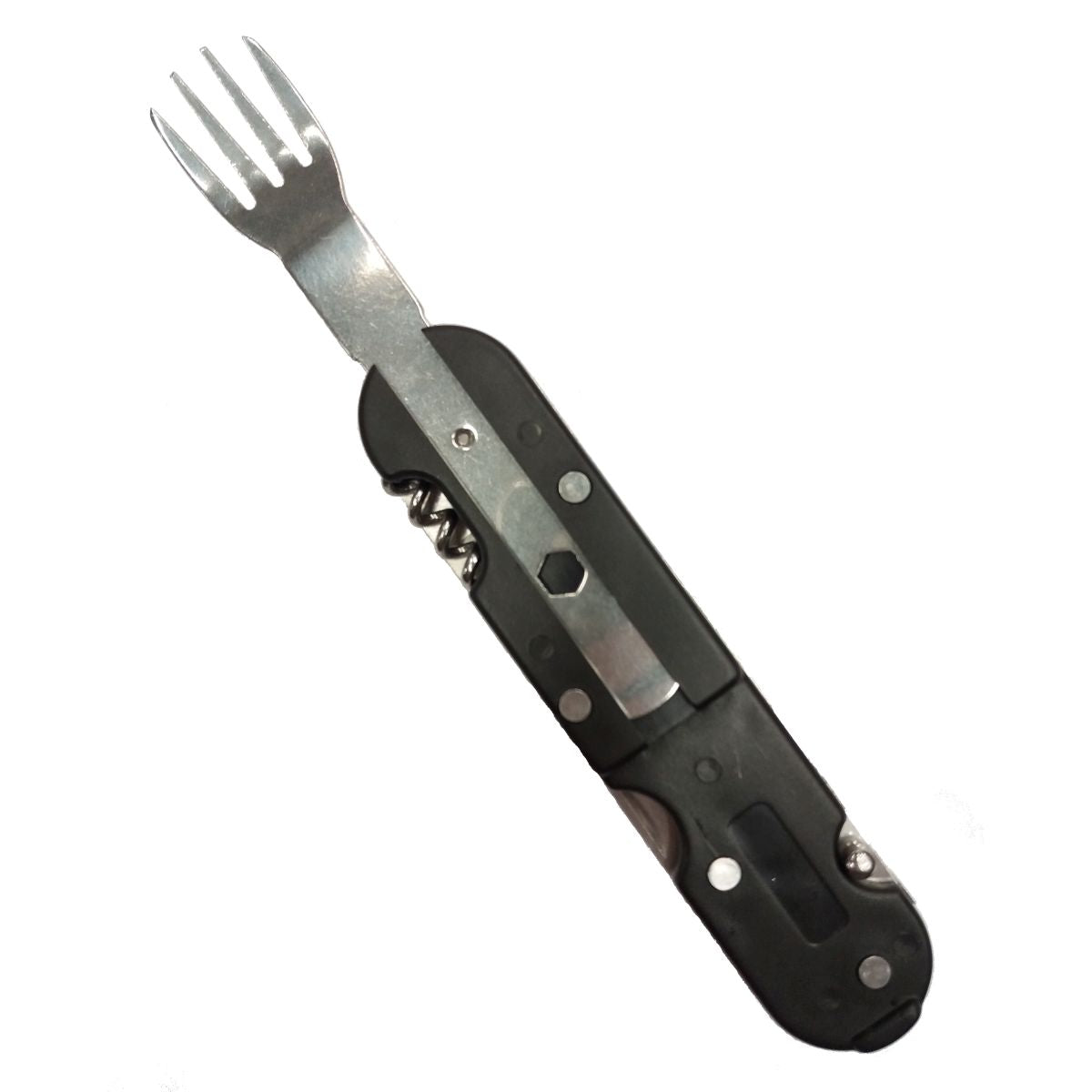 Cubertería KOMBI 5 en 1 con funda negra: cuchillo, tenedor, cuchara, sacacorchos y abridor de latas