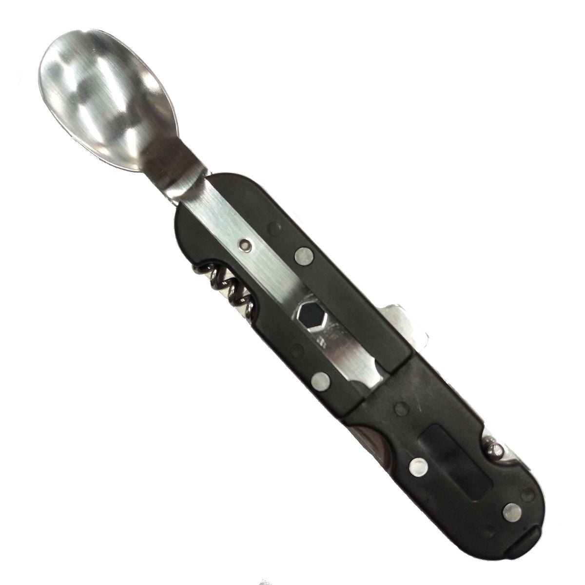 Cubertería KOMBI 5 en 1 con funda negra: cuchillo, tenedor, cuchara, sacacorchos y abridor de latas