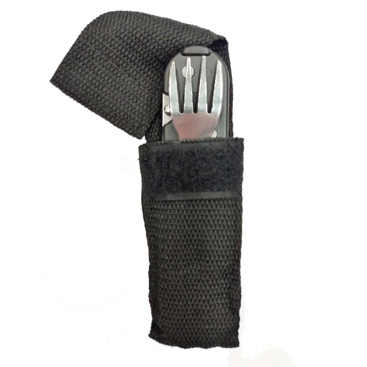 Cubertería KOMBI 5 en 1 con funda negra: cuchillo, tenedor, cuchara, sacacorchos y abridor de latas