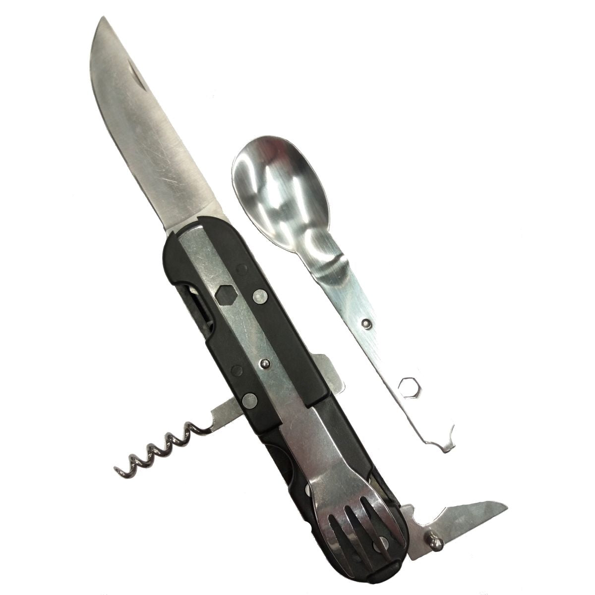 Cubertería KOMBI 5 en 1 con funda negra: cuchillo, tenedor, cuchara, sacacorchos y abridor de latas