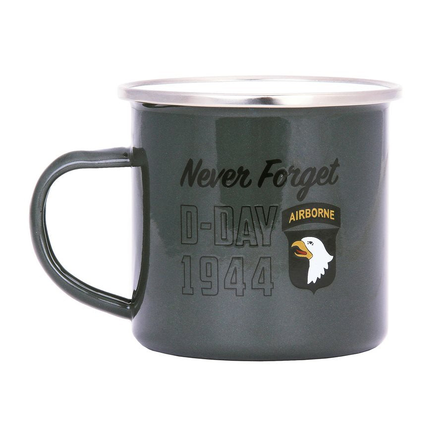 Taza esmaltada D-DAY 1944 300 ml verde con estampado y emblema de la 101.ª División
