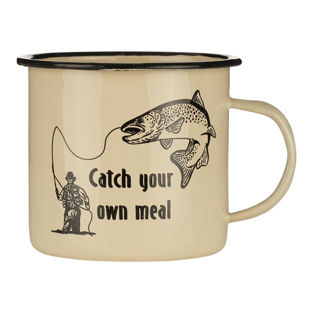 Taza esmaltada 500 ml color arena con estampado de cazador y pez
