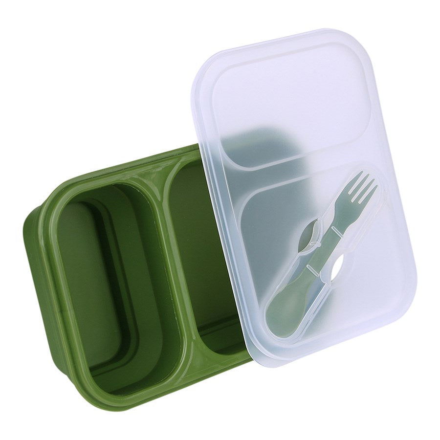 Fiambrera plegable LUNCHBOX verde de silicona con cubiertos en la tapa