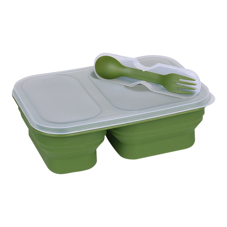 Fiambrera plegable LUNCHBOX verde de silicona con cubiertos en la tapa