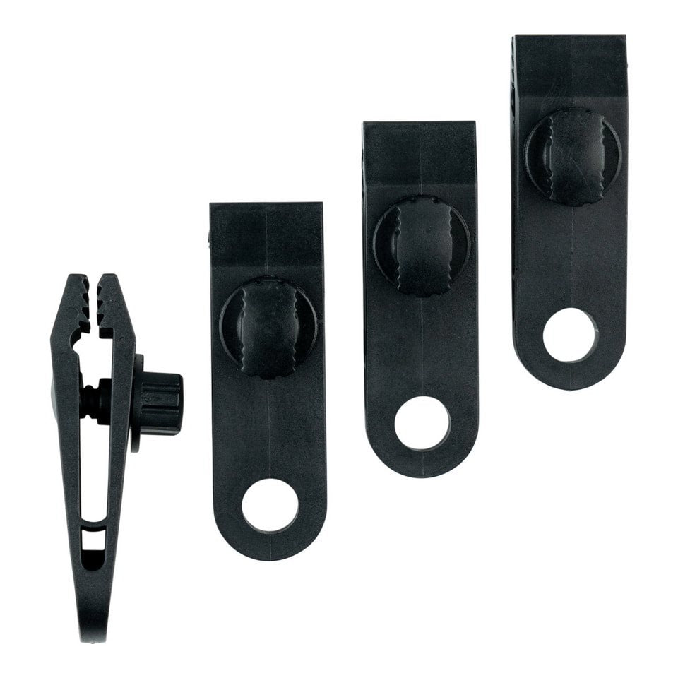 Juego de 4 pinzas de plástico para lona, negro, con ojal para cordón