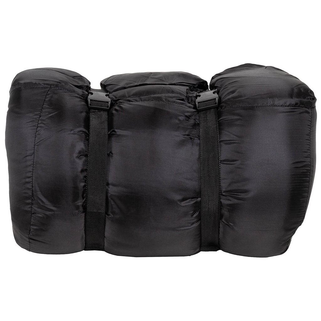 Saco de Dormir Piloto Israel negro en su bolsa de transporte, visto plegado