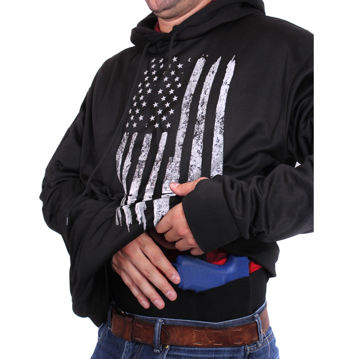 Sudadera negra CONCEALED CARRY con capucha, bolsillo frontal y bolsillo en manga con velcro