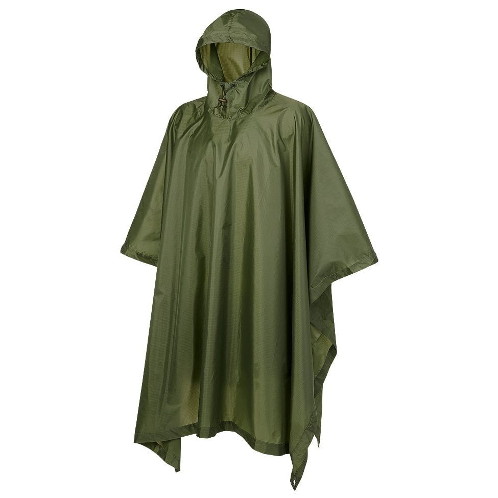 Poncho rip-stop verde con funda que muestra corchetes y ojales metálicos